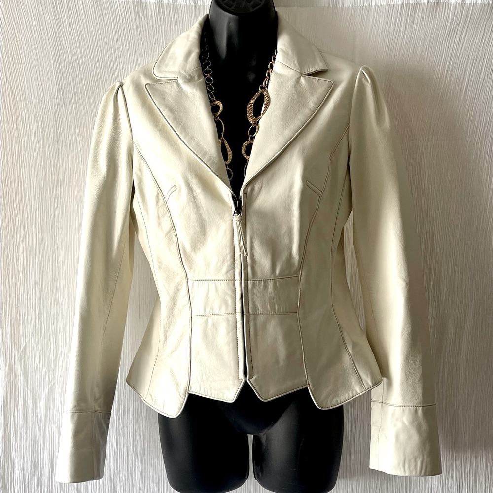 Cache Cream Leather Zip Jacket Size 4 - image 1